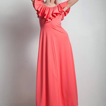 vintage 70s maxi dress a-line ruffle pink flamenco inspired ankle length SMALL MEDIUM S M 