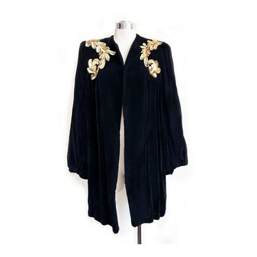 1930's Black Velvet & Gold Sequin Swing Jacket, Evening Coat, Joan Crawford style 1940's WWII Vintage Antique Silk Velvet Warm Jacket 