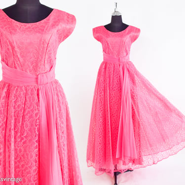 1960s Bubblegum Pink Lace Evening Dress | 60s Pink Lace Evening Dress | XS 