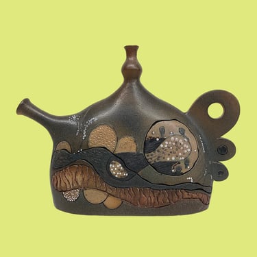 Vintage Vase Retro 1980s Contemporary + Galia + Stoneware + Vessel + Handmade + Teapot + Carved Detailing + Home Decor + Ceramic Decoration 