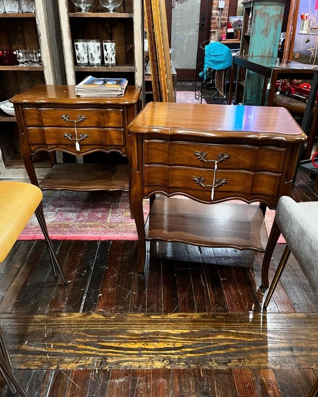 Pair of faux French two drawer nightstands, 24.5” x 16.5” x 26” 