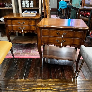 Pair of faux French two drawer nightstands, 24.5” x 16.5” x 26” 