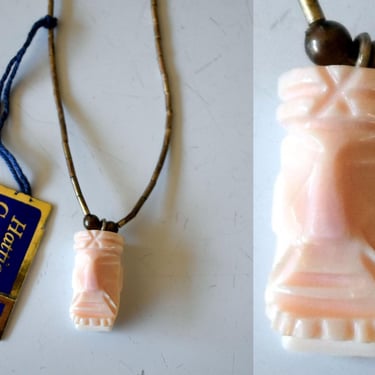 Vintage 50s Hattie Carnegie Necklace - Asian Tiki Head on Silver Tone Metal Chain - New With Tags - Couture Design 