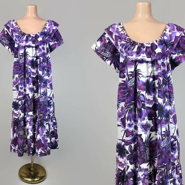VINTAGE 80s Purple Tropical Print Hawaiin Muumuu Dress XL | 1980s Off Shoulder Luau Dress Made in Hawaii USA | Vfg 