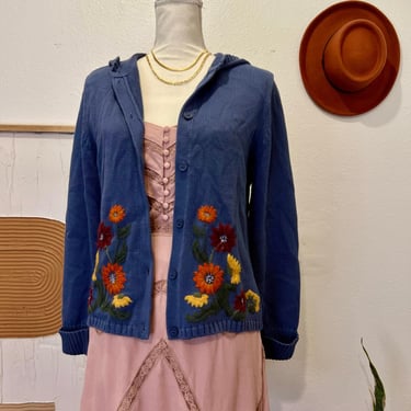 Kate Hill Blue Cotton Floral Embroidered Button Front Hooded Cardigan Sweater 