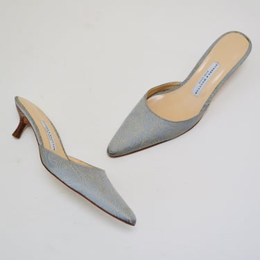 00 Stubbs & Wootton High Heels Size 10 1/2 Vintage Blue Silver Gold Brocade Pointed Toe Mule High heels Stubbs and Wooton Palm Beach Florida 