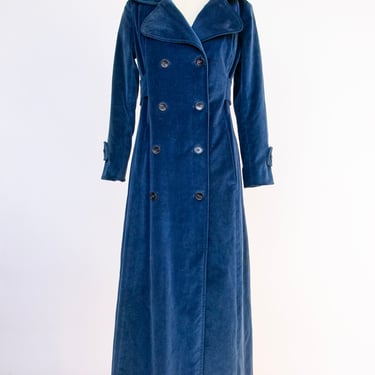1970s Coat Velvet Hooded Full Length Overcoat S 
