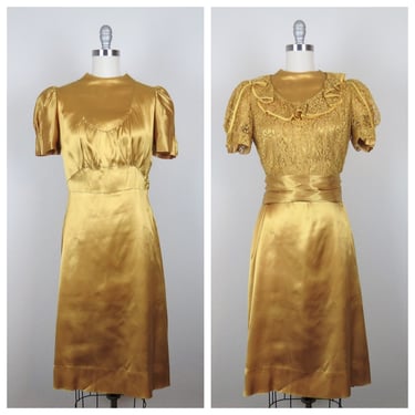 Vintage 1930s dress, 3 piece set, dress, blouse, belt, gold satin, cocktail, semi formal, xs 
