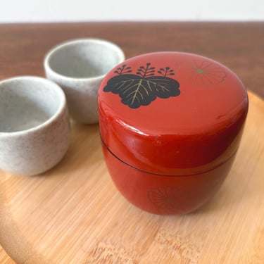 Vintage Japanese Yamanaka Red Lacquer Natsume Matcha Green Tea Ceremony Caddy | Gold Chrysanthemum Paulownia Floral Emblem Box Jar Container 