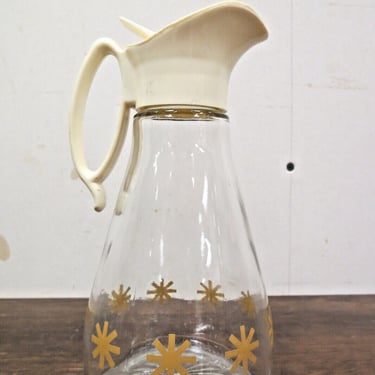 Vintage Log Cabin Glass Syrup Dispenser Mid Century MCM Gold Atomic Starburst 