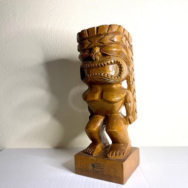 Vintage Hawaiian 14” Carved Mango Wood Tiki Totem by Waikiki Woods 