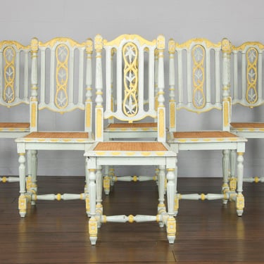 Late 19th Century French Henry II Renaissance Style Provincial Painted Cane Dining Chairs - Set of 6 