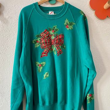 1980s 1990s Christmas Teal Puffy Paint Poinsettia Pullover Sweatshirt. 3XL. 