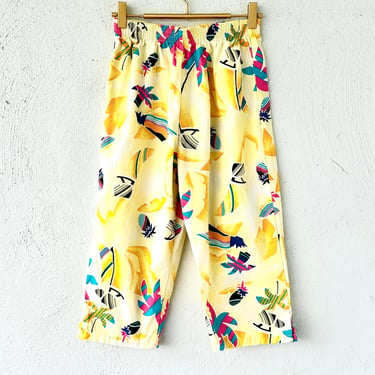 Vintage 70s 80s Hawaiian Tropical Pants // Hawaii Aloha Tropical Bright Floral 1980s Yellow Cropped Bottoms 