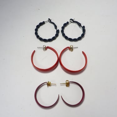 Vintage Enamel Hoops Earrings - Red, Deep Navy and Maroon Hoop Earrings 