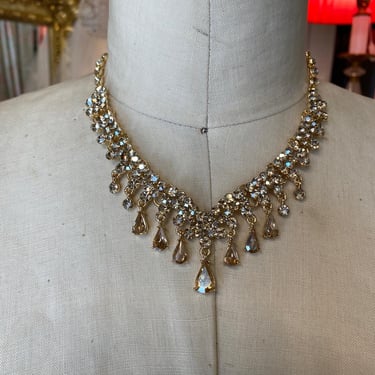vintage champagne rhinestone necklace wedding formal cocktail jewelry y2k 1950s 