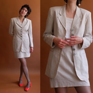 Vintage 90s Ecru Linen Skirt Suit/ 1990s Summer Suit/ Size Medium 28 