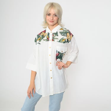 90s Button Up Shirt Tropical Floral Blouse Yoke Shirt Summer Top Long 3/4 Sleeve Top Chest Pocket Shirt Boho 1990s Vintage Plus Size 20 2xl 