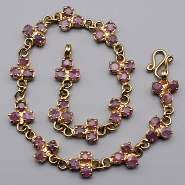 80's pink sapphire gold filled metal dainty link bracelet, NOS gemstone clusters gold bling bracelet 