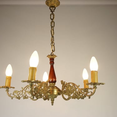 Vintage Victorian style chandelier, Mid century Chandelier for 5 light bulbs, old style lighting, Vintage German Brass lamp, 