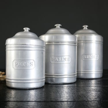 Vintage Aluminum Canister Tournus Unis France Set of 3, French Metal Containers, Aluminum Storage, Industrial Kitchen Decor, Pot with Lid 