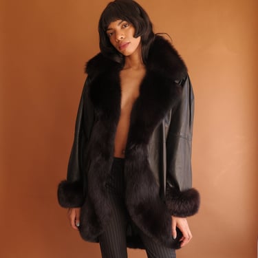 Vintage 80s Jean Claude Jitrois Leather and Fur Cocoon Coat/ Fox Fur Dolman Sleeve 