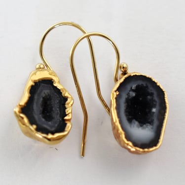 Funky 70's gold dipped agate geode 14k GF ear wire dangles, asymmetrical druzy in gold hippie earrings 