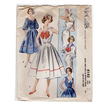 Vintage 1957 McCall's Sewing Pattern 4142, Misses' Nautical Sailor Collar Dress w/Full or Slim Skirt, Size 12 Bust 32 