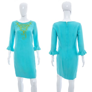 1960's Julie Miller Aqua and Lime Embroidered Dress Size S/M