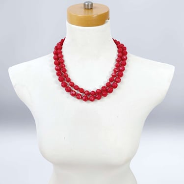 VINTAGE 50s Cherry Red Facet Cut 2 Strand Beaded Necklace Choker Hong Kong | 1950s Mid Century Bubble Gum Bib Necklace | VFG 