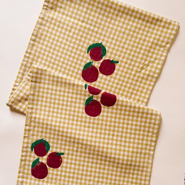 hand block printed table runner. plums on gingham. boho decor. hostess or housewarming gift. cherry tomatoes berry bowl. 