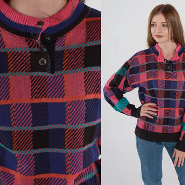 Checkered Sweater 90s Knit Henley Sweater Plaid Button Up Slouchy Pullover Jumper Retro Blue Pink Orange Black Cotton Vintage 1990s Small S 