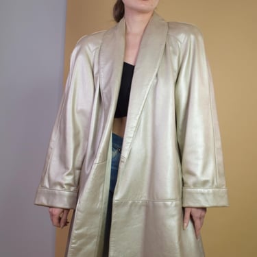 LEATHER SWING Coat Vintage 80s Gold Metallic Coat Sz Med Large 