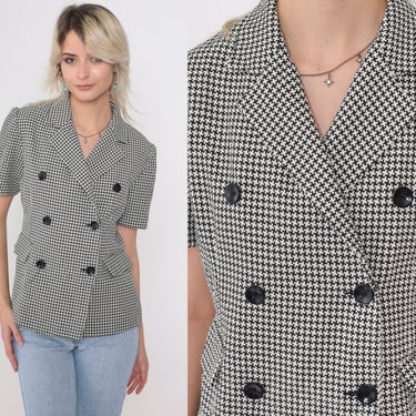 Houndstooth Blouse 90s Black White Checkered Jacket Top Double Breasted Button Up Shirt Retro Short Sleeve Secretary Vintage 1990s Small 6 