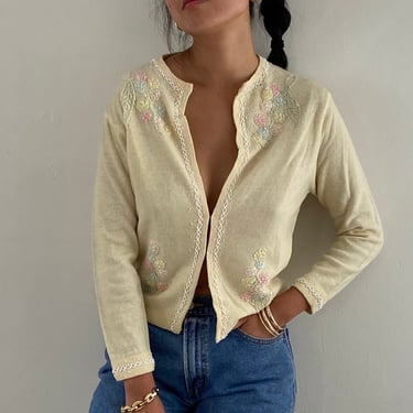60s hand beaded pastel floral cardigan sweater / vintage ivory hand beaded embellished floral lambswool cardigan | Medium 