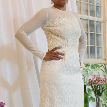 Elegant Sheer Mesh Sleeve Embellished Bodice Wedding Dress 