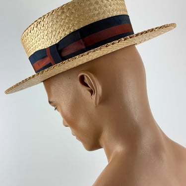 1920's-1930's Straw Boater Hat - WORMSER HATTERS - Woven Straw w/ Flat Brim & Stack - Leather Sweatband - Grograin Ribbon Band - Size 7-1/4 