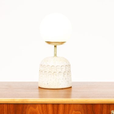 Ceramic Stoneware Studio Pottery Table Lamp — Globe shade — Square Dot Pattern — White Glaze — L25 