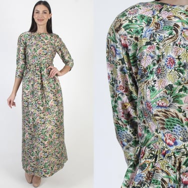 All Over Print I'Magnin Dress, High Waist Tropical Floral, Vintage Designer Maxi Gown 