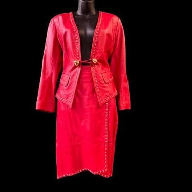 1980s red leather suit vintage Lillie Rubin mob wife studded jacket and skirt small 