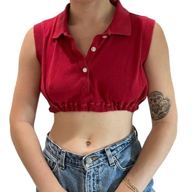 Vintage Womens Redone Handmade Red Cotton Preppy Collared Crop Top Tee Sz XS 