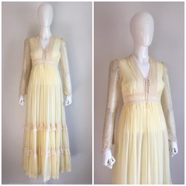 Vintage 1970s Gunne Sax Yellow Lace Prairie Dress 70s Boho Cotton Lace Cottagecore Maxi Dress 