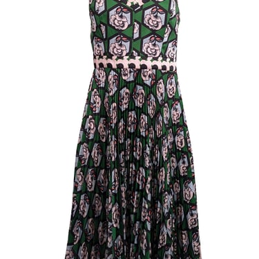 Milly - Green w/ Multicolor Hexagon Floral Print Pleated Dress Sz 2