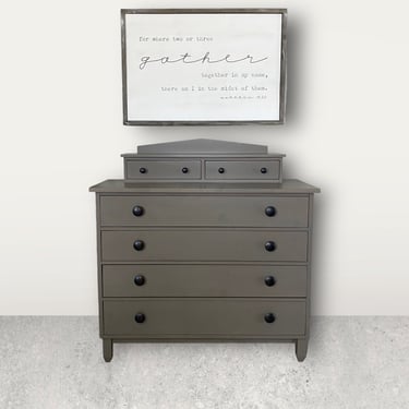 Vintage Lane Dresser Chest of 6 Drawers Painted Greige Gray & Black - Midcentury Solid Wood American Farmhouse Chic Furniture 