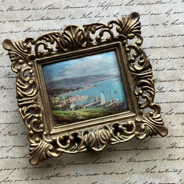 vintage Italian scene on silk ornate gold frame miniature 