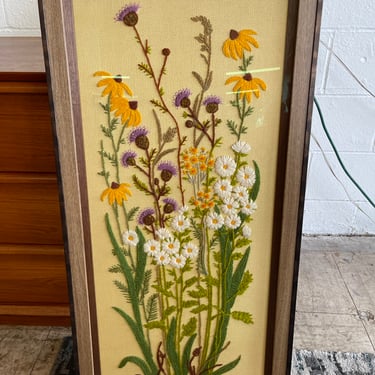 Vintage Embroidery Stitched Floral Crewel Art