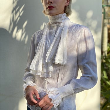 1970's Ralph Lauren Shirt / Ascot Collar Blouse / White 100% Linen and Lace Top / Boho Rl Blouse with Lace Sleeves 