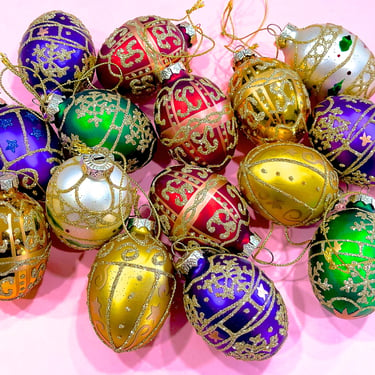 VINTAGE: 15pcs - Hand Blown Egg Glass Ornaments in Box - Colorful Glittered Ornament - Christmas 