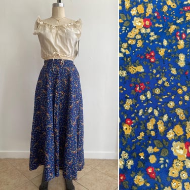 Vintage 1970s blue floral cotton midi skirt, alexander campbell, cottgecore style, small 27, high waist with pockets, calico gunne sax style 