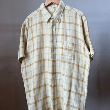 XL, 1970s Beige and Yellow Plaid Button Down Shirt, Short Sleeve, Summer, A 